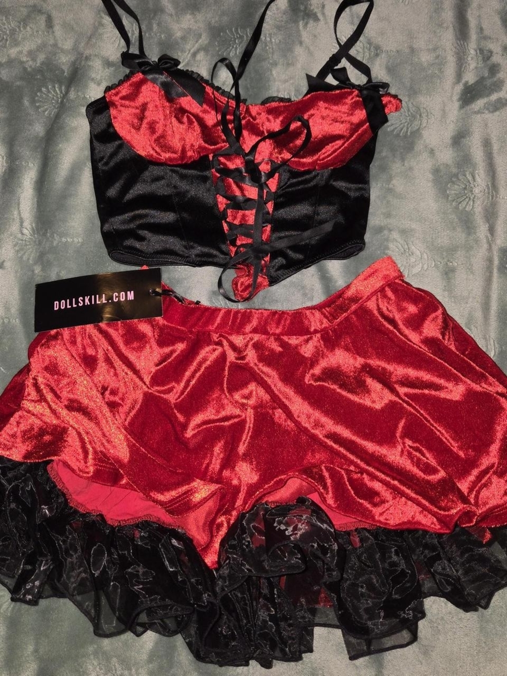 Dolls Kill Costume Red and Black Satin Corset Crop Top with Matching Mini Skirt